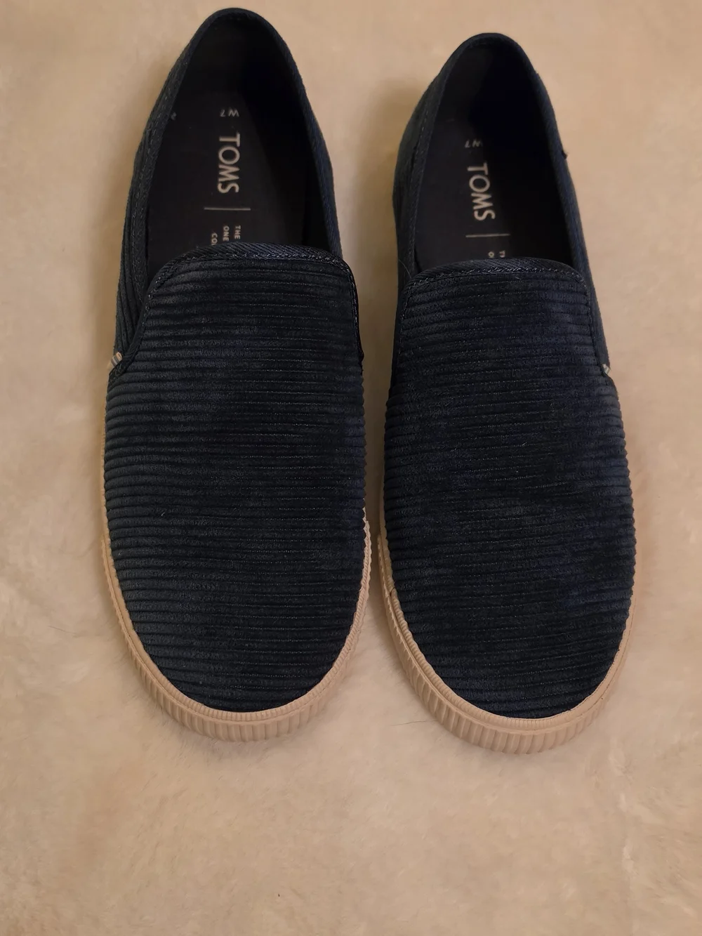 Toms Navy Blue Corduroy Slip-On Loafers with White Outsole